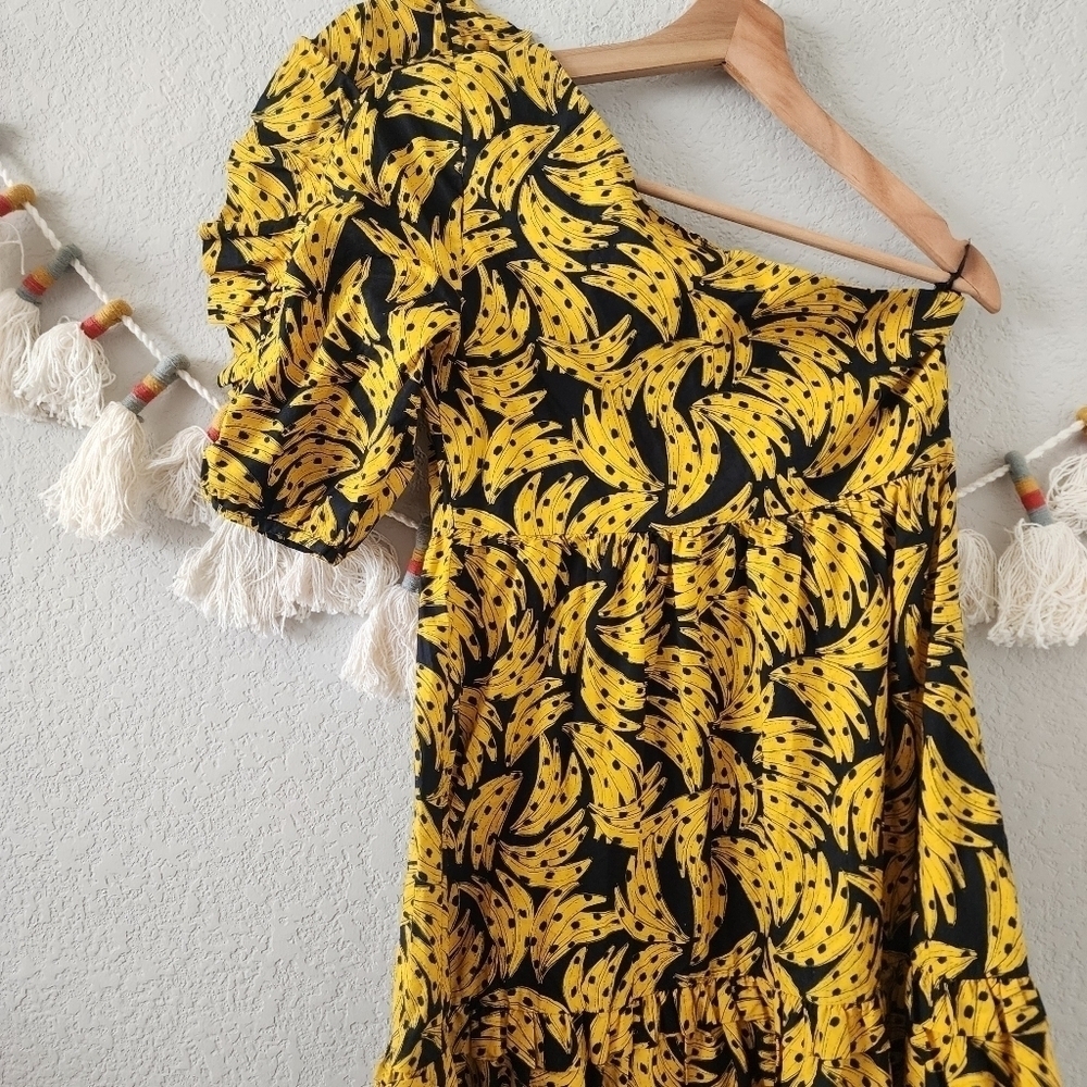 Farm Rio Spotted Bananas Puff One Shoulder Tiered Ruffle Midi Dress Beach S - Picture 9 of 13